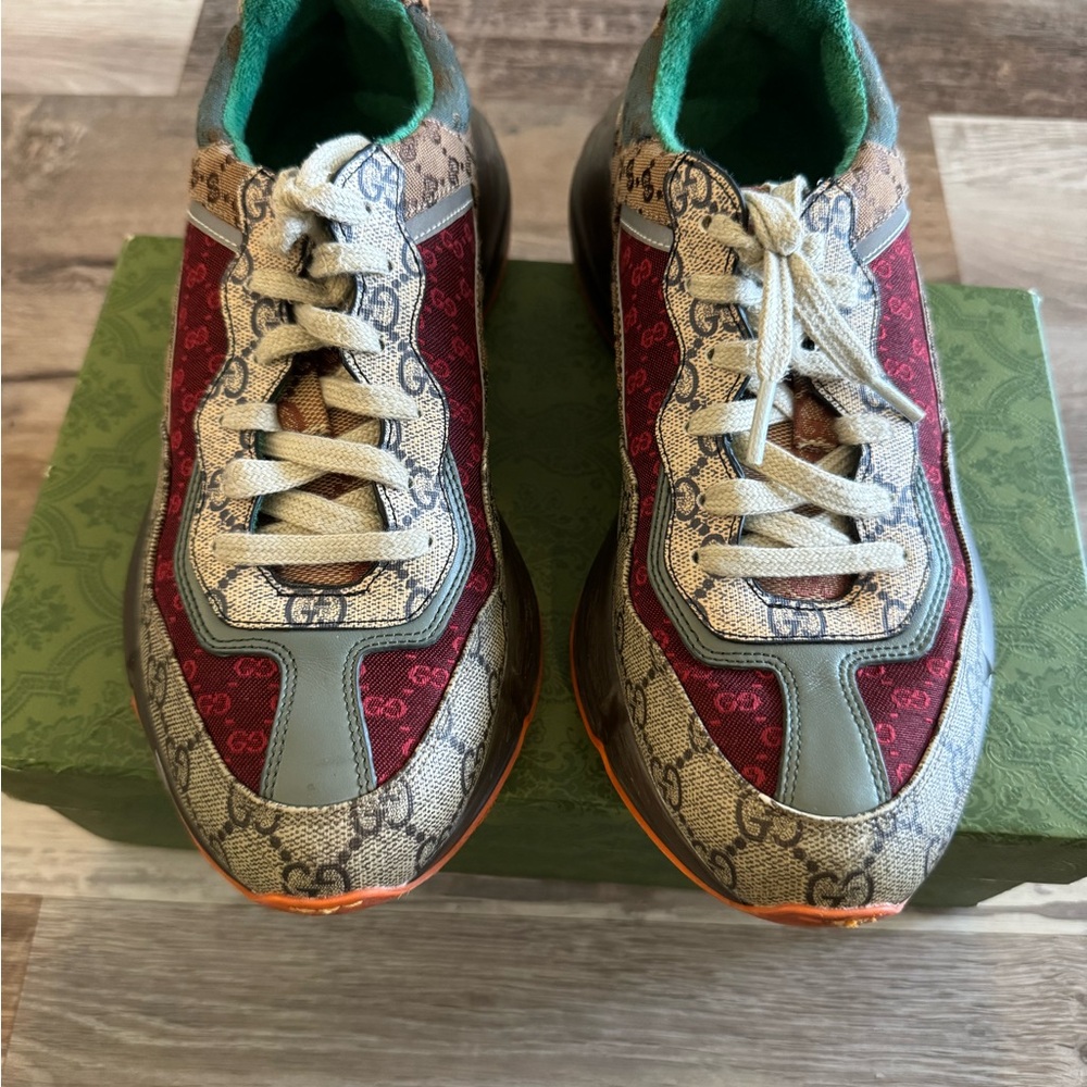 Gucci Beige Monogram Runner Sneakers with Red & Green Accents